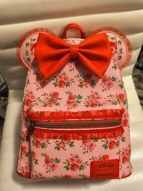DISNEY LOUNGEFLY MINNIE MOUSE PINK AND RED ROSES FIGURAL EARS MINI BACKPACK NWT